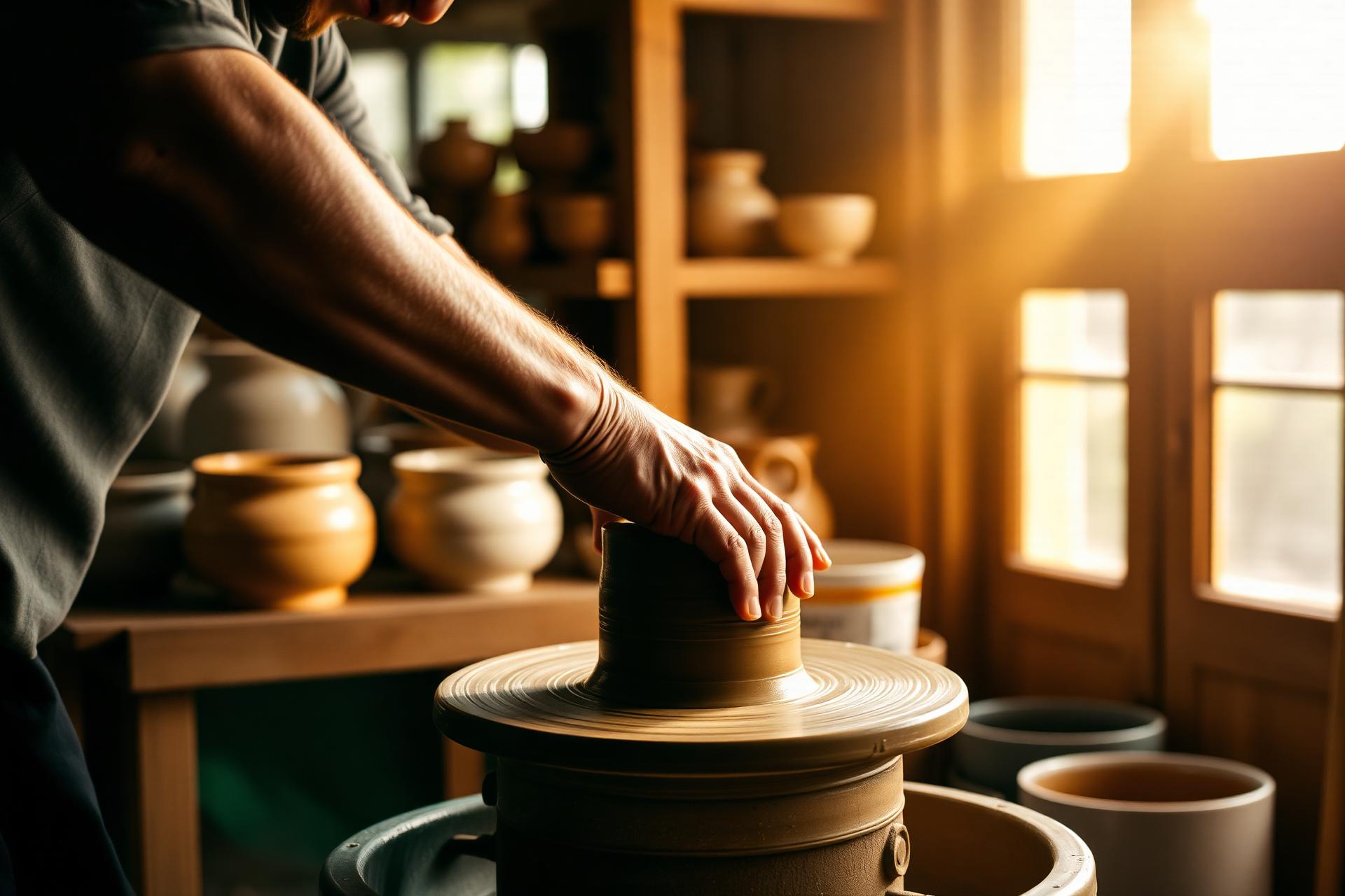 A ceramicist shaping clay on a pottery wheel in a sunlit workshop